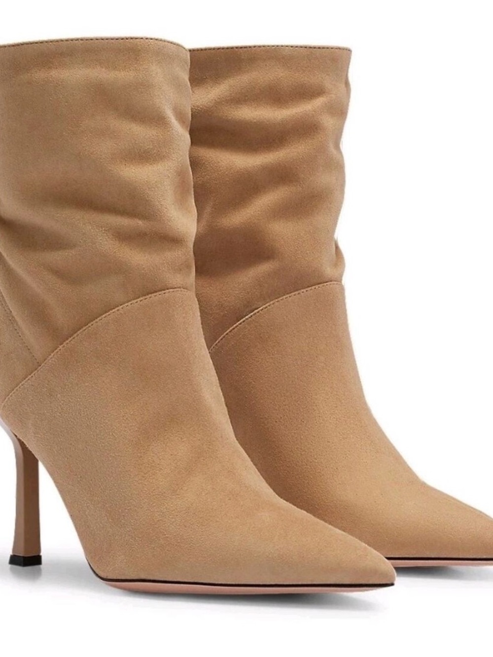 Boss Tan Suede Pointed-Toe Slouchy Mid-Calf Boots